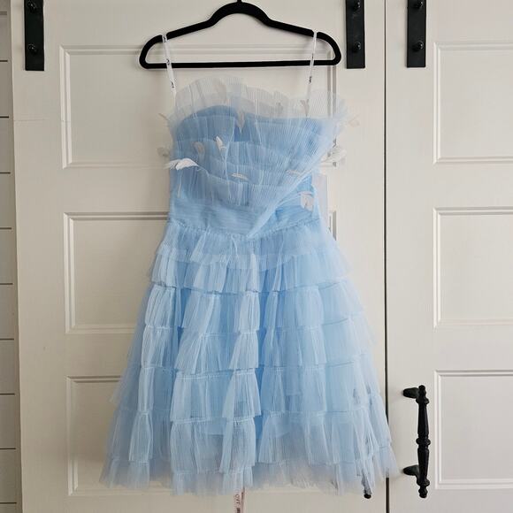 Mac Duggal 20529 Blue Feathered Strapless Tulle Fit and Flare Dress Size 8 - Picture 2 of 7